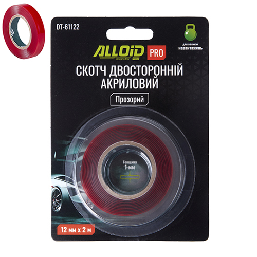 Alloid Pro. Скотч двосторонній 12мм х 2м прозорий 1мм, (блістер)