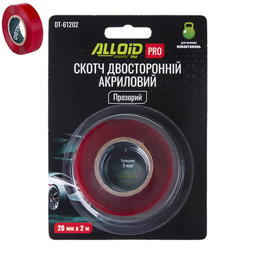 Alloid Pro. Скотч двосторонній 20мм х 2м прозорий 1мм, (блістер)
