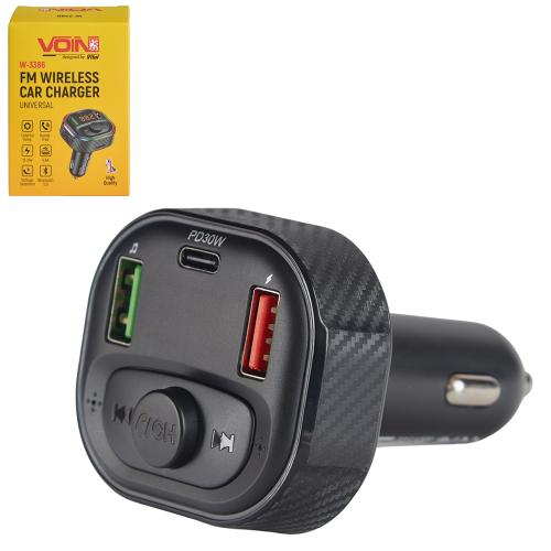Модулятор FM, VOIN W-3386, 12-24V 2 USB 4.8A, 1 Type C, BT5.0, Hands free, вольтметр