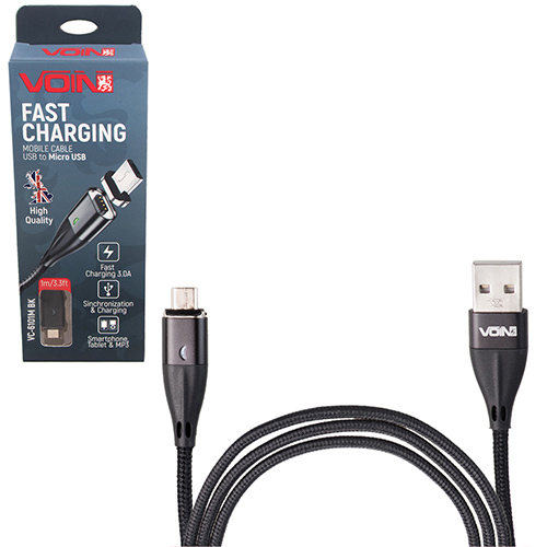Кабель  магнитный VOIN USB - Micro USB 3А, 1m, black (быстрая зарядка/передача данных) (VC-6101M BK)