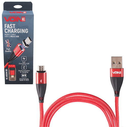 Кабель  магнитный VOIN USB - Micro USB 3А, 1m, red (быстрая зарядка/передача данных) (VC-6101M RD)