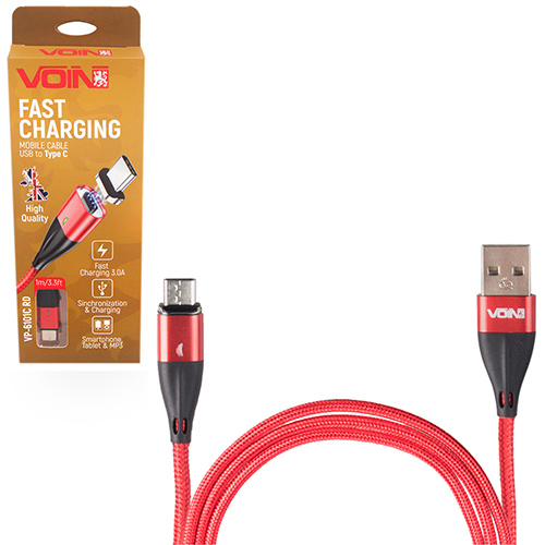 Кабель  магнитный VOIN USB - Type C 3А, 1m, red (быстрая зарядка/передача данных) (VP-6101C RD)