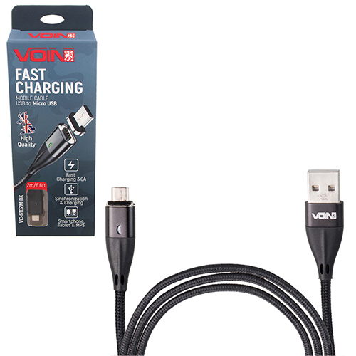 Кабель  магнитный VOIN USB - Micro USB 3А, 2m, black (быстрая зарядка/передача данных) (VC-6102M BK)