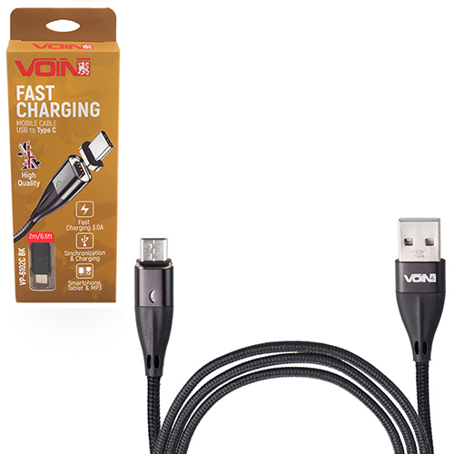 Кабель магнитный VOIN USB - Type C 3А, 2m, black (быстрая зарядка/передача данных) (VP-6102C BK)