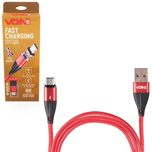 Кабель  магнитный VOIN USB - Type C 3А, 2m, red (быстрая зарядка/передача данных) (VP-6102C RD)