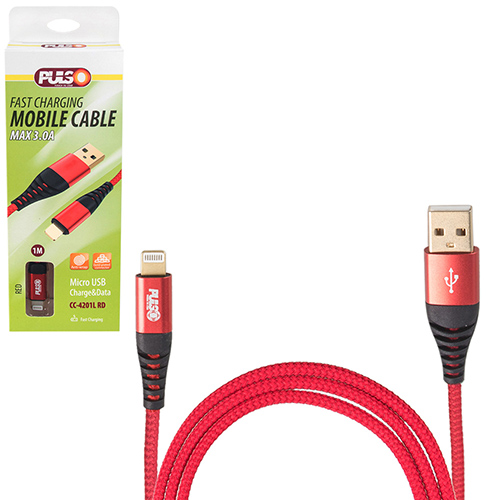 Кабель PULSO USB - Lightning 3А, 1m, red (быстрая зарядка/передача данных) (CC-4201L RD)