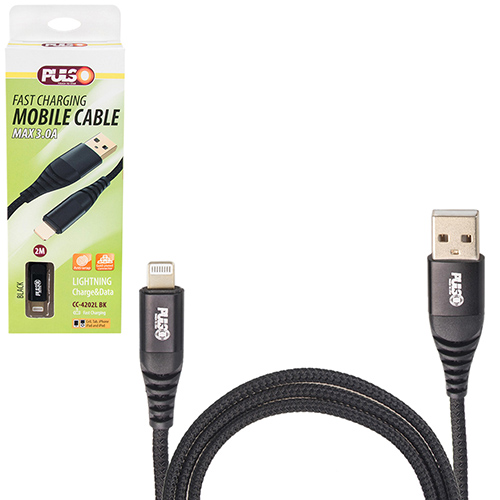 Кабель PULSO USB - Lightning 3А, 2m, black (быстрая зарядка/передача данных) (CC-4202L BK)