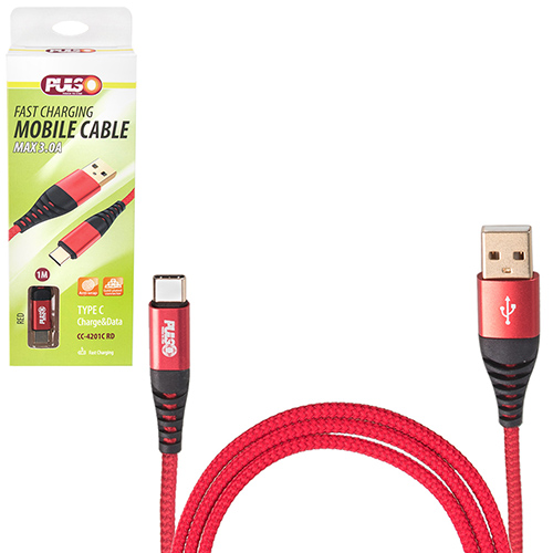 Кабель PULSO USB - Type C 3А, 1m, red (быстрая зарядка/передача данных) (CC-4201C RD)