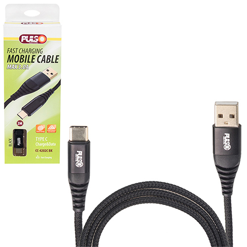 Кабель PULSO USB - Type C 3А, 2m, black (быстрая зарядка/передача данных) (CC-4202C BK)