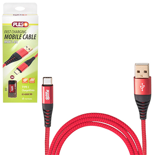 Кабель PULSO USB - Type C 3А, 2m, red (быстрая зарядка/передача данных) (CC-4202C RD)