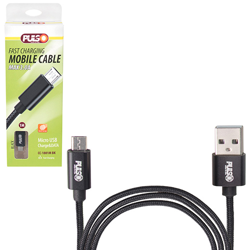 Кабель PULSO USB - Micro USB 3А, 1m, black (быстрая зарядка/передача данных) (CC-1801M BK)