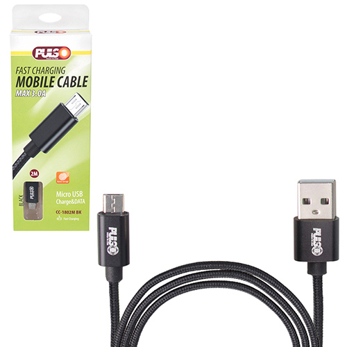Кабель PULSO USB - Micro USB 3А, 2m, black (быстрая зарядка/передача данных) (CC-1802M BK)