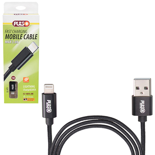Кабель PULSO USB - Lightning 3А, 1m, black (быстрая зарядка/передача данных) (CC-1801L BK)