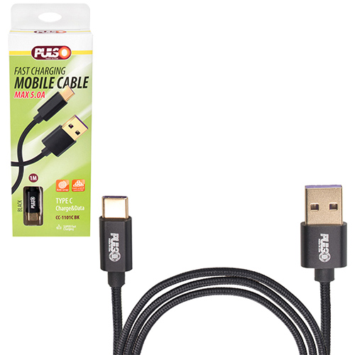 Кабель PULSO USB - Type C 5А, 1m, black (супер быстрая зарядка/передача данных) (CC-1101C BK)