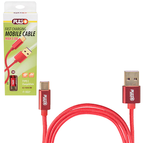 Кабель  PULSO USB - Type C 5А, 1m, red (супер быстрая зарядка/передача данных) (CC-1101C RD)