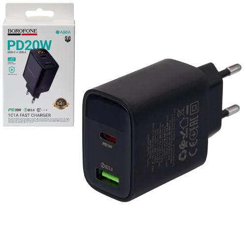 Мережевий зарядний пристрій BOROFONE BA96A Type-C: 20W, USB-A: 18W LED дисплей, Black