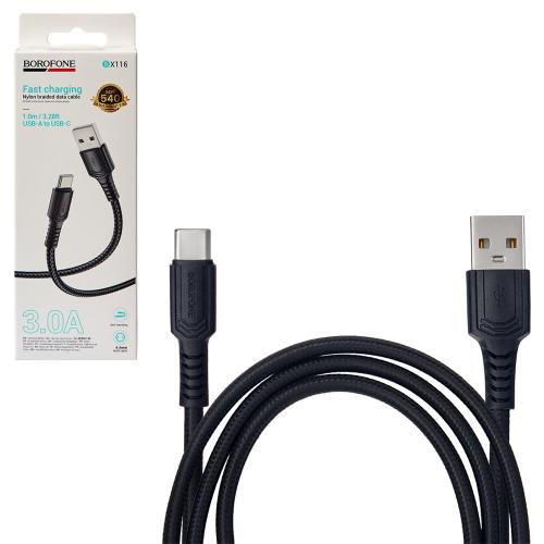 Кабель BOROFONE BX116BK, USB - Type-C 3А, 1m, Black (швидка зарядка/передача даних)